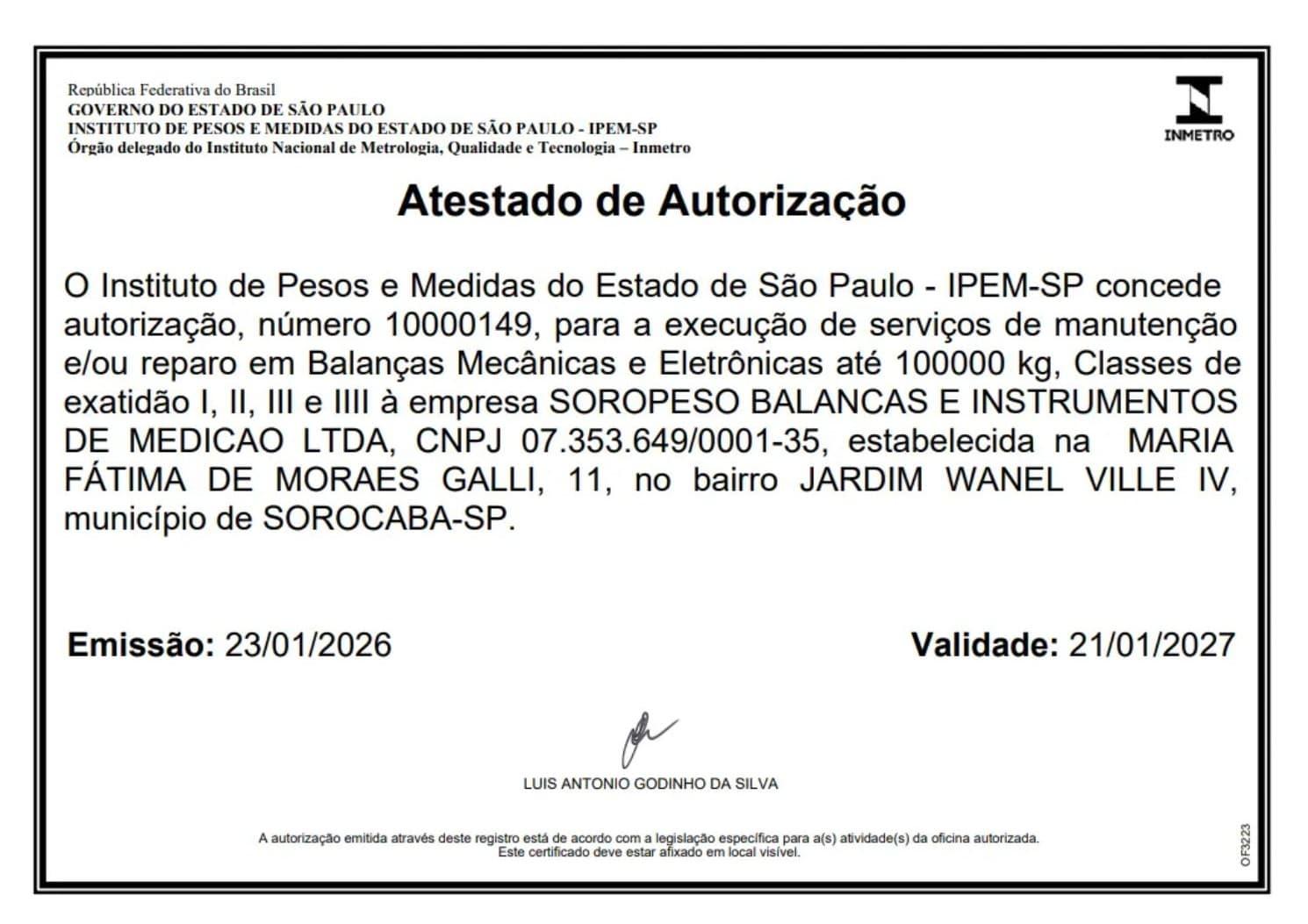 Atestado de Autorização IPEM/SP